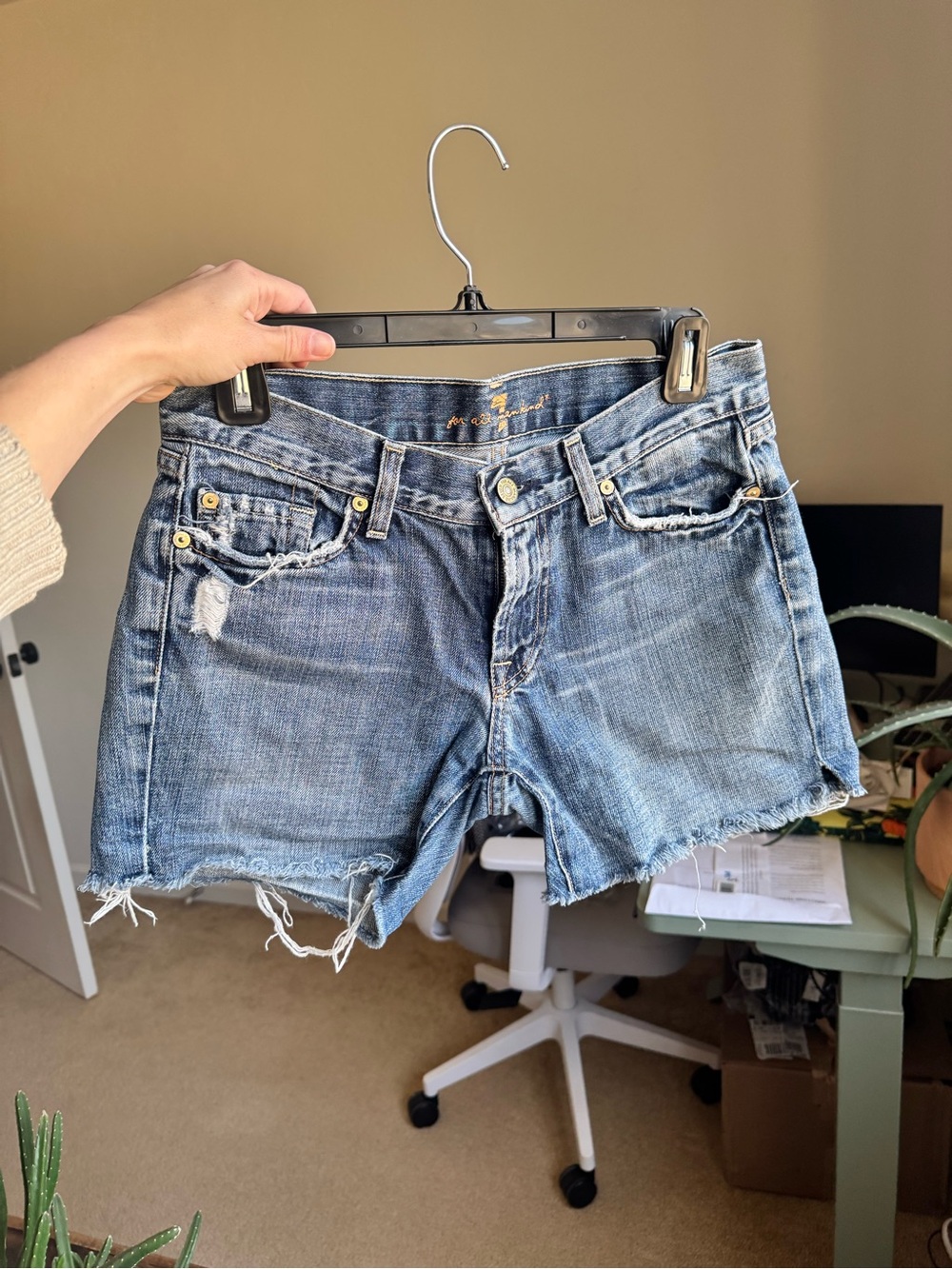 7 For All Mankind Distressed Light Blue Denim Cutoff Shorts